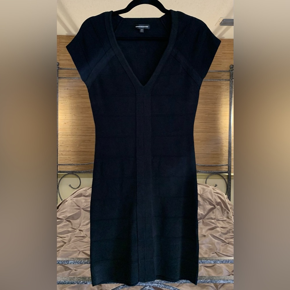 Express Black Sexy stretchy tight  V neck short sleeve dress